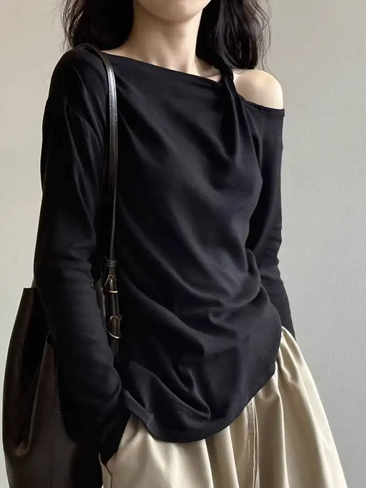 

Women's Long Sleeve Top 2026 Spring Autumn Coffee Color Asymmetrical T Shirt Off Shoulder Twist Knot Long Sleeve Top