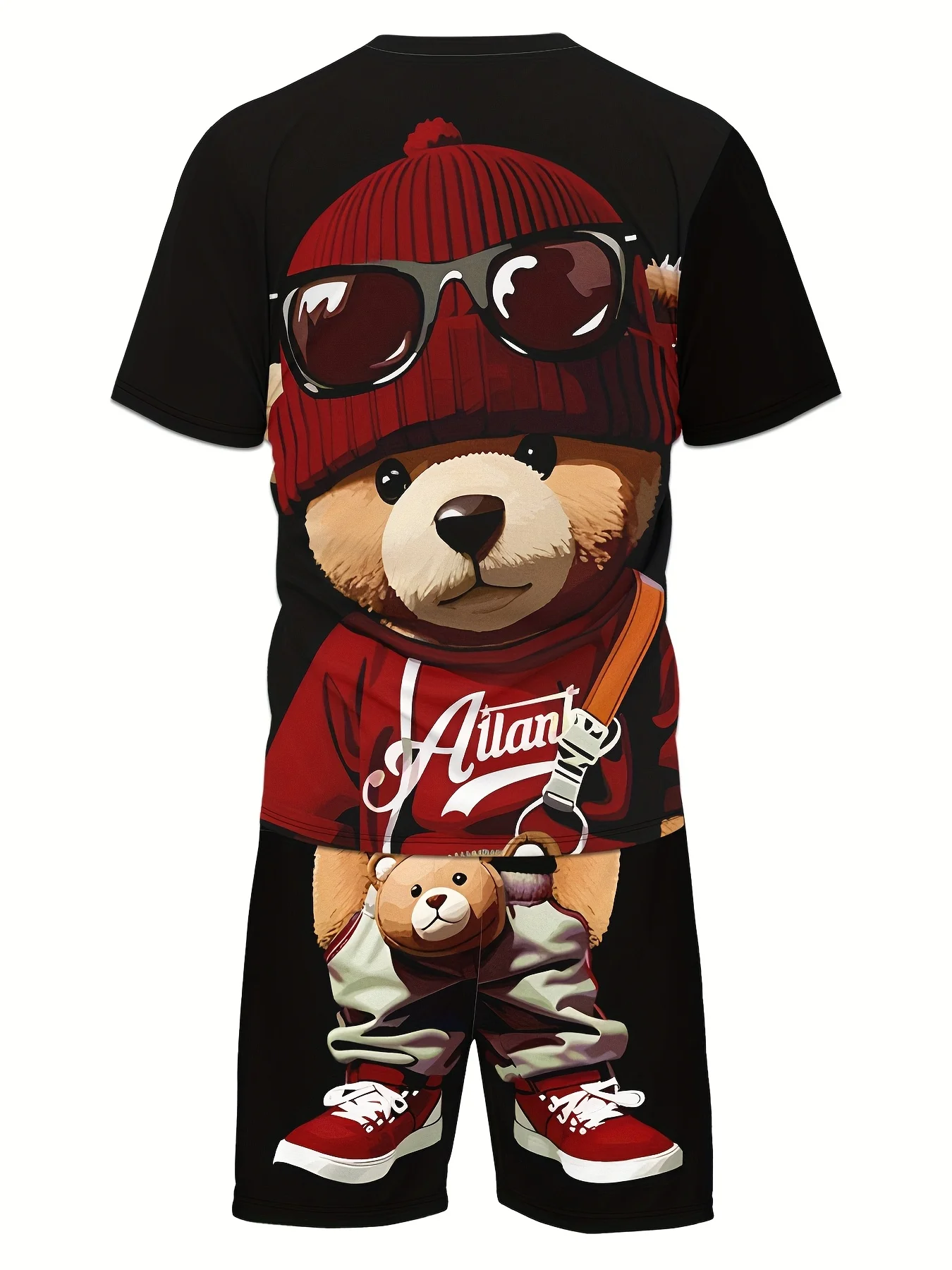 يتميز البدلة الرجالية الصيفية الجديدة لعام 2025 تي شيرت وشورت برقبة دائرية مطبوع عليه دمية دب ريترو، ملابس رجالية من البوليستر المحبوك #2