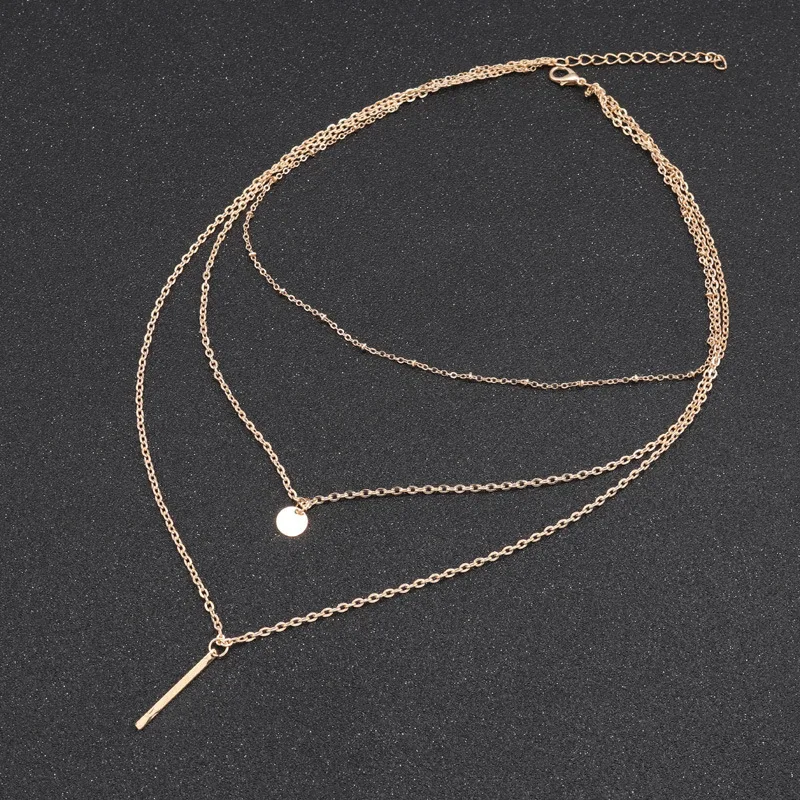 New Women Fashion Gold Color 3 Layers Chain Necklace Hollow Out Triangle Long Pendant Necklaces Jewelry Jewelry Gift image 3