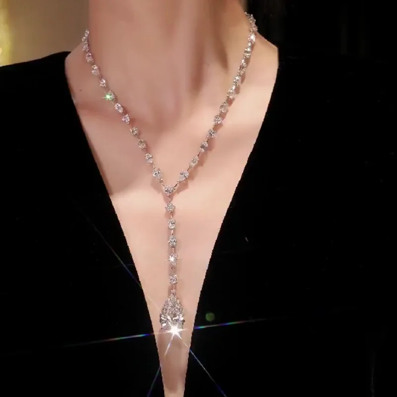 

CAMEO Pendant Chain 925 Silver Synthetic Zircon White Water Drop Full Diamond Y-shaped Light Luxury WeddingJewelry Necklace