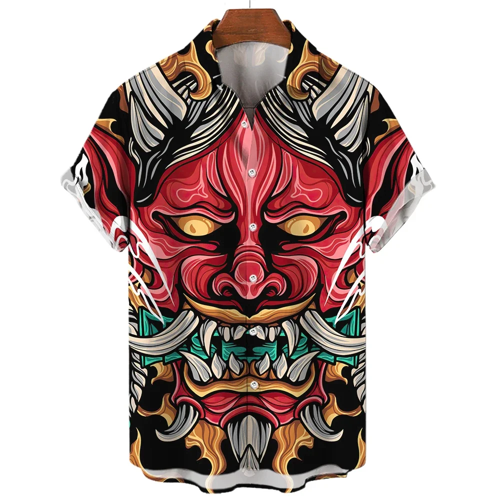 

Men's Shirts 3D Print Japanese Ghost Warrior Mask Graphics Fashion Button Short Sleeve Lapel Streetwear Shirts for men Summer