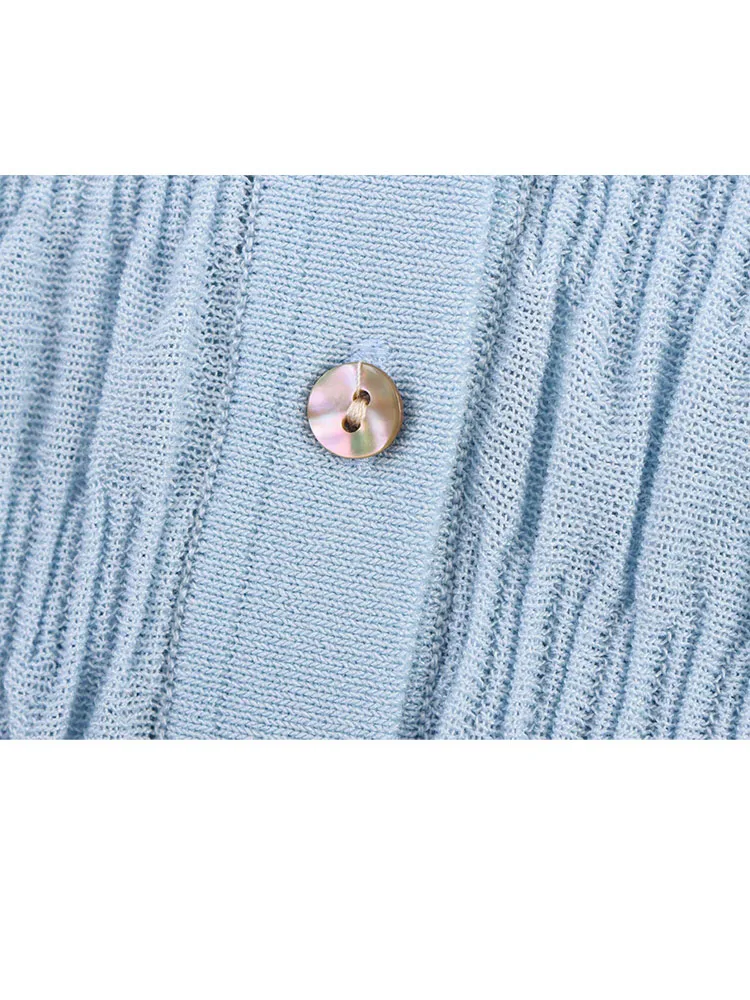 HH Women's Autumn Fashion Versatile Pleated Ruffled V-neck Knit Coat Female Sweet Single Breasted Casual Slim Cardigan Top