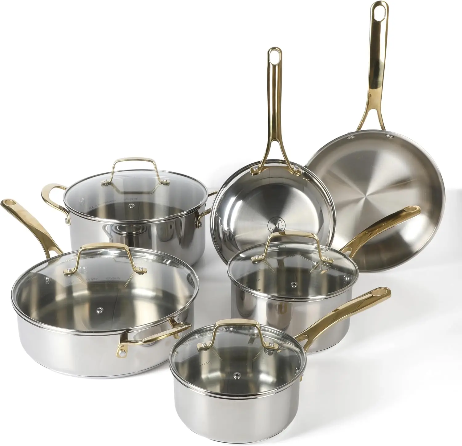 Castelle 10 Piece 18/8 Durable Stainless Steel Induction Safe Pots and Pans Non-Toxic Kitchen Cookware Set - Gold Handles - Dish