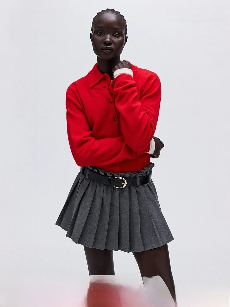 

HM Women's Red Knitted Sweater Spring 2026 Faion Casual Sle Knit Cardigan High Quali Polyester Acrylic Wool Spandex