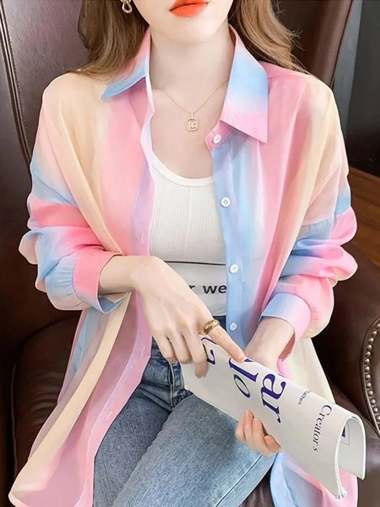 Women\'s Long Sleeve Top Sweet Sheer Casual Shirts And Blouses Gradient Rainbow All-Match Basic Shirt Loose Jacket Korean Outwear