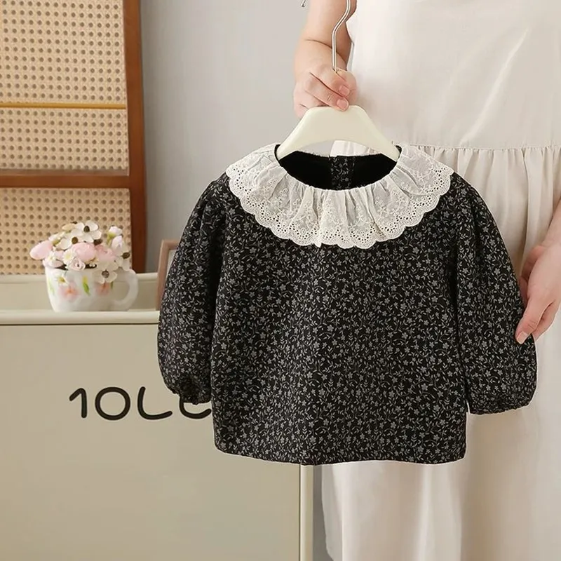 

baby girls clothes kids clothes Vintage floral pattern patchwork lace lapel top girl's warm blouse