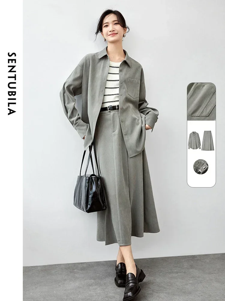 

SENTUBILA Two Piece Skirt Sets Women Outfits 2025 Spring Fashion Oversized Long Sleeve Shirt and Midi Pleated Skirt 143Z55883