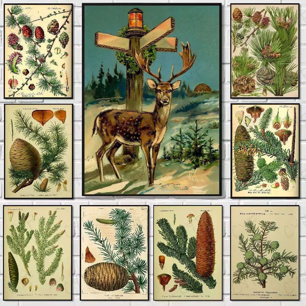 

Christmas Pinecones Retro Poster Home Living Bed Room Bar Hallway Sticky Wall Art Printing Waterproof Aesthetic Decor