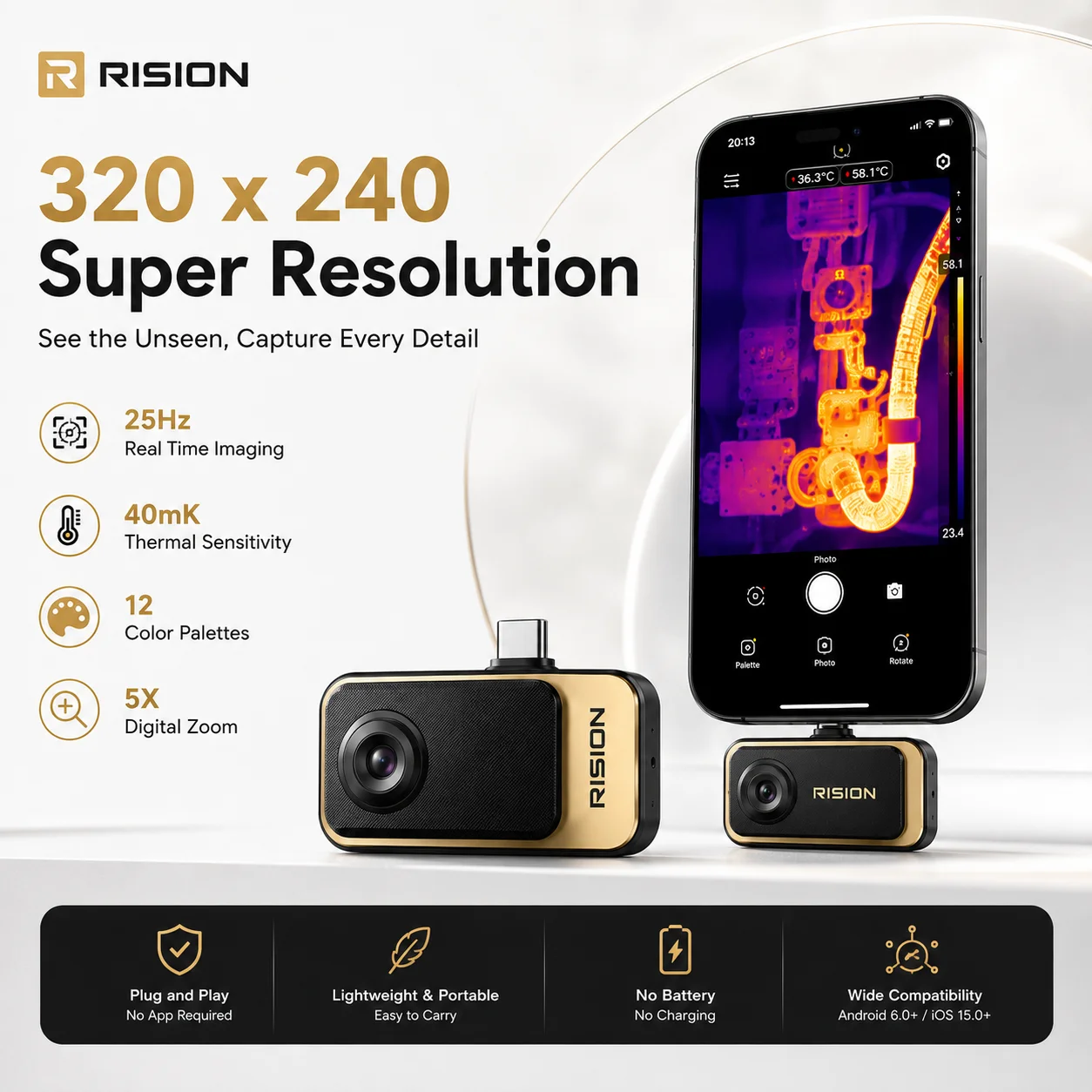 RISION Magic Smartphone Thermal Camera 320x240 25Hz Infrared Imager USB C for iOS Android Windows Home HVAC Inspection Tool