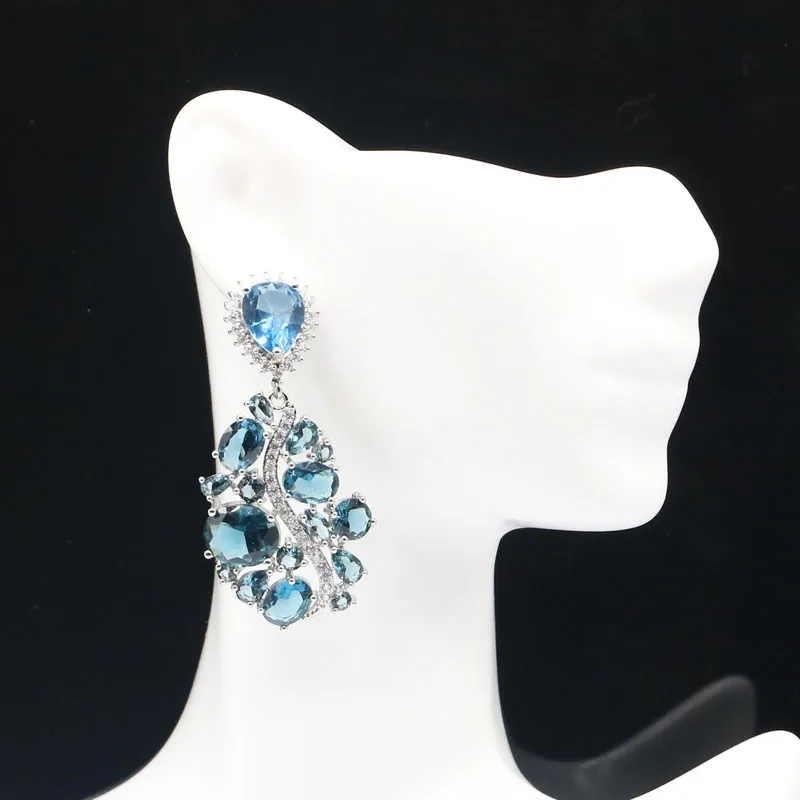 44x25mm Long Big Heavy London Blue Topaz Rich Blue Aquamarine White CZ 925 Solid Sterling Silver Earrings