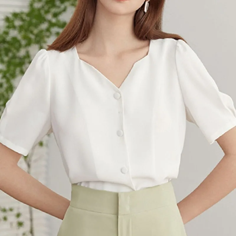 2022 New Summer French Square Neck Bubble Short Sleeve Chiffon Blouse Women\'s White Shirt Vintage Tops Solid Blusas Yellow 2815