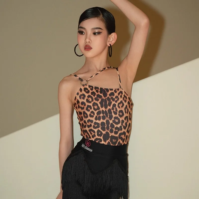 Costume de danse latine personnalisé, ensemble d'entraînement pour fille et enfant, tempérament, dos nu, imprimé léopard, confortable et respirant, nouvelle collection