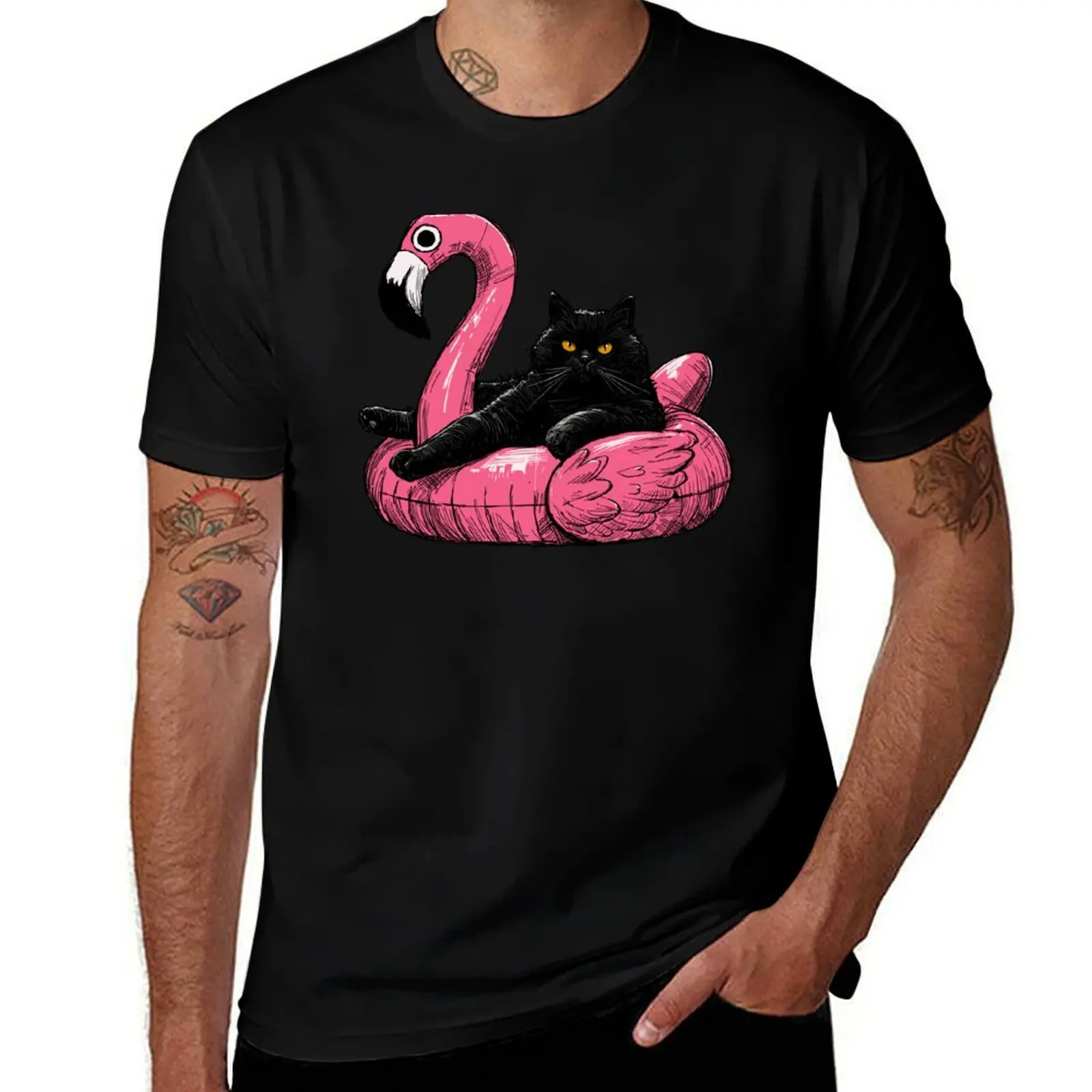 Fat Cat On A Flamingo Floatie T-Shirt Soft Touch Basic Cotton T-Shirt