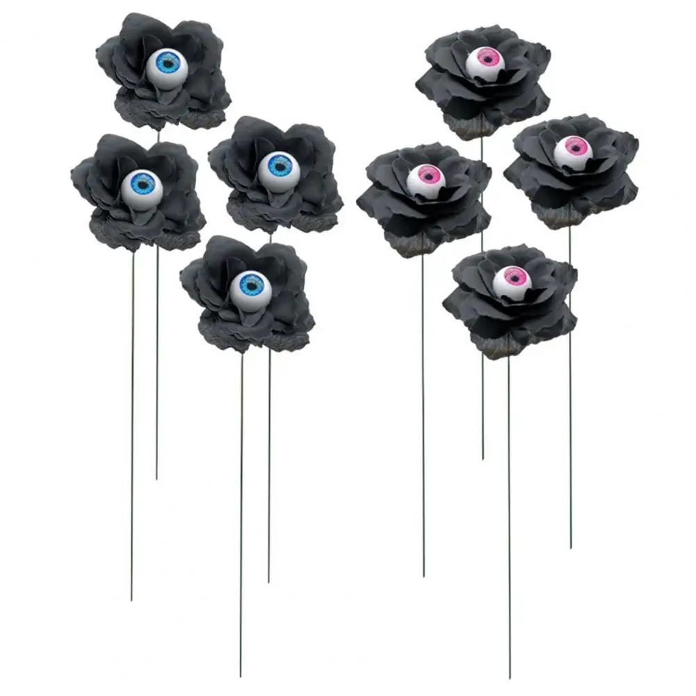 4 Pcs Artificial Rose Flower Heads Halloween Black Faux Silk Rose Realistic Spooky Eyeball Decor for Yard Garden Lawn Decoration