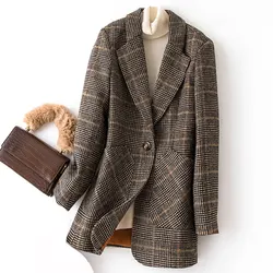 Herbst Winter Vintage Frauen Plaid Anzug Woll jacke Damen schlanke lässige Wolle Blazer Einreiher Mantel übergroße Frauen