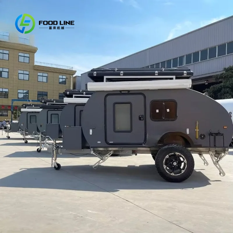 Customized Dark Gray Off-Road Teardrop Travel Camper, Fully Equipped Caravan for Outdoor Overland Adventure RV Expedition