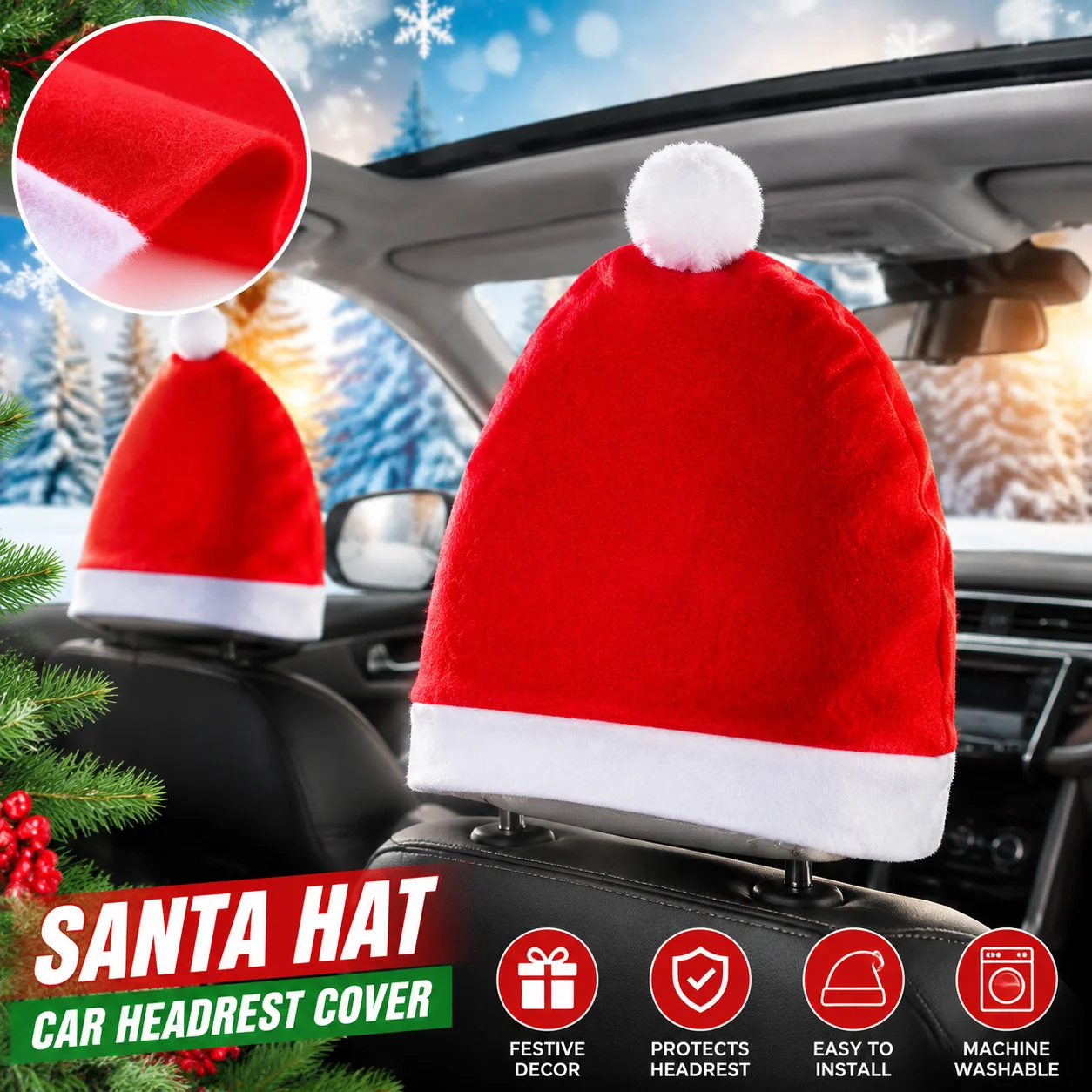 Christmas Santa Hat Car Non‑woven Headrest Cover Xmas Auto Seat Head Rest Protector Festive Interior Decoration for Most Car