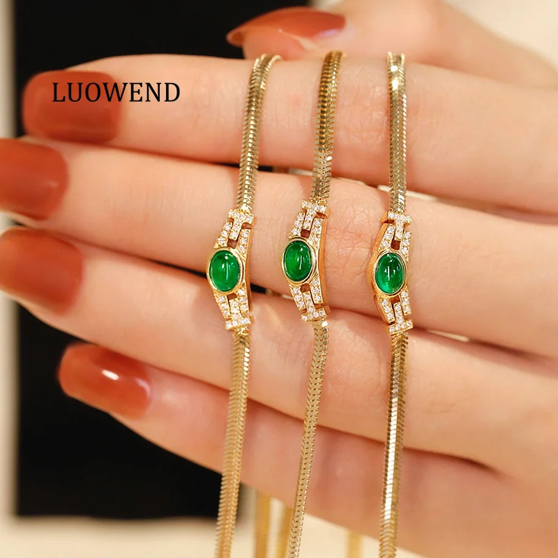 LUOWEND 100% 18K Yellow Gold Necklace Fashion Snake Bone Chain Shiny Diamond Natural Swat Emerald Necklace High Women's Jewelry