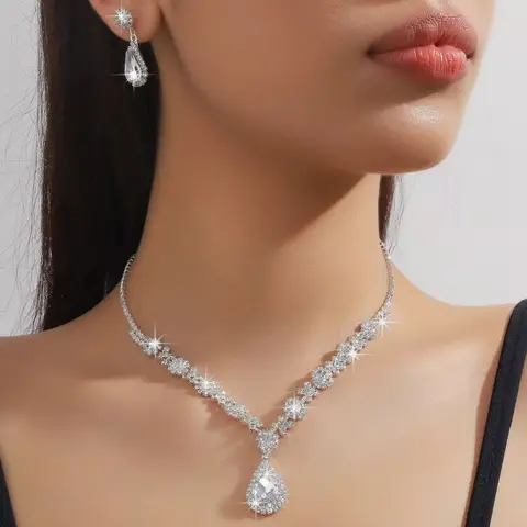 3 pieces of women's crystal droplet necklace with earrings set for wedding evening dress accessories