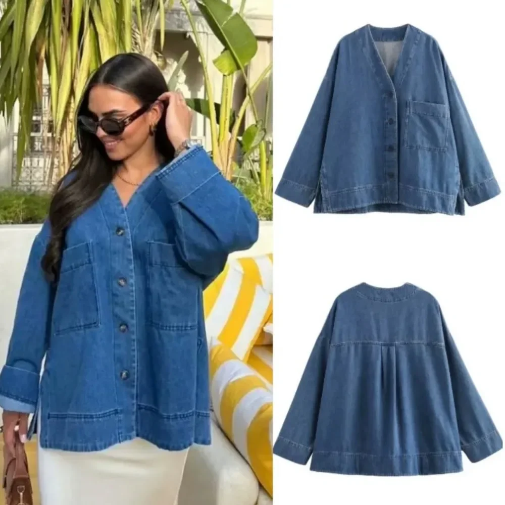 

ZBZA Women Retro Denim Shirt Loose Drop Shoulder V-neck Long-sleeved Single-breasted Slit Hem Casual Coat Spring New Chic Shirt