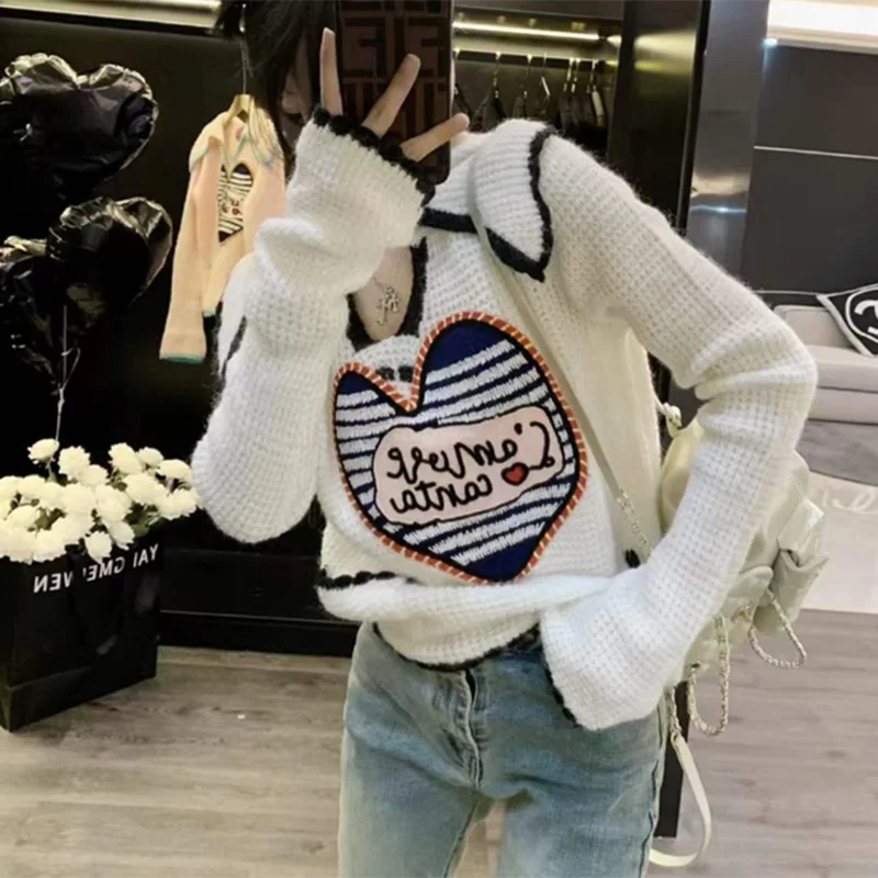 Hollow Out Soft Women's Sweater Pullovers Embroidery Loose Knitwear Jumper Female Tops Long Sleeve Korean Casual Woman Sweater