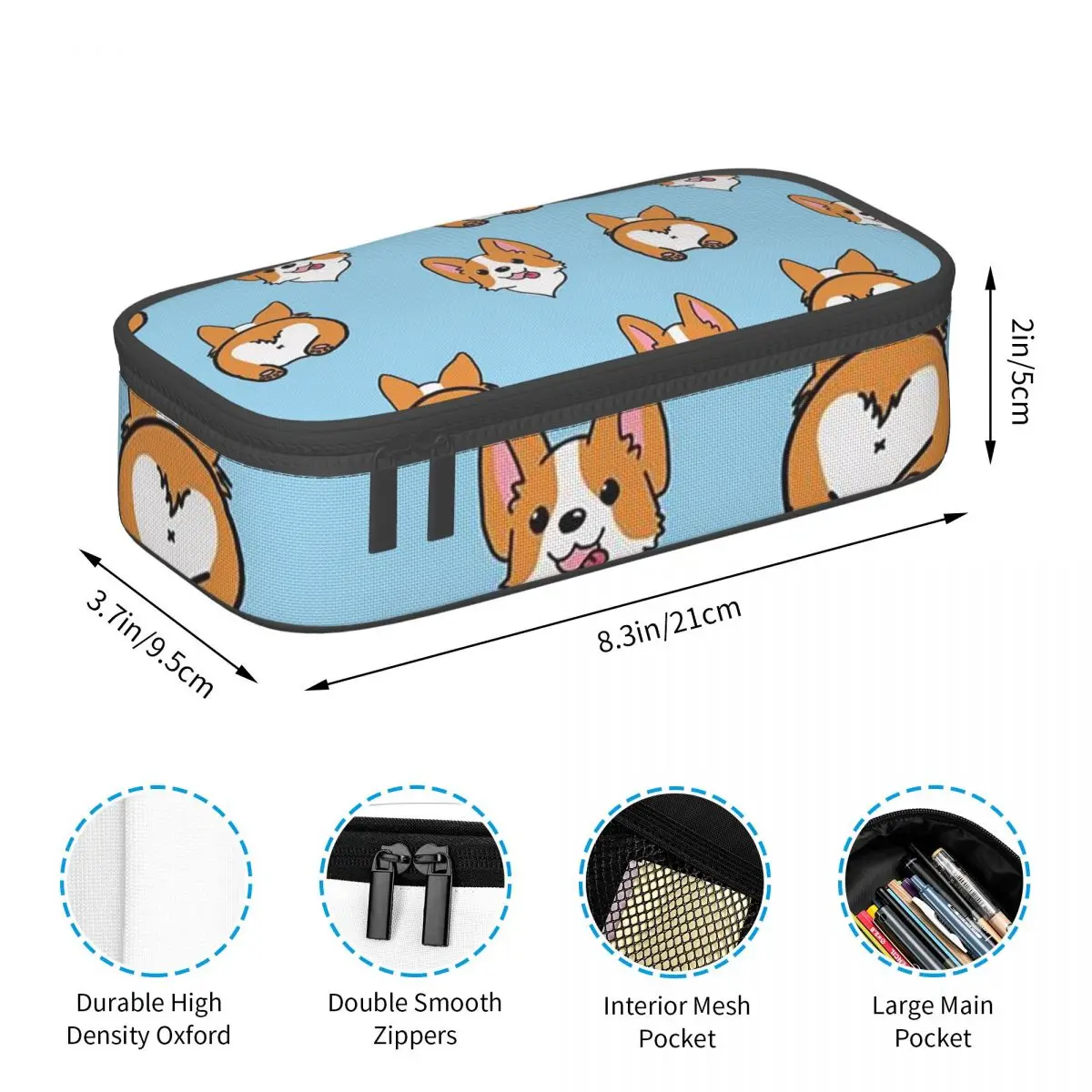 Blue Corgi Pattern Pencil Case for Kids School Pen Box Pencil Bag Stationery Supplies Pen Holder Bag