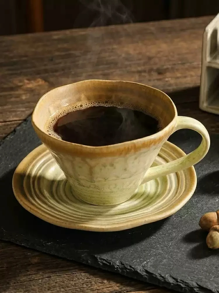 Handmade Stream Sand Ceramic Coffee Mug Saucer 340ml Retro Irregular Latte Cup Porcelain Drink Cup For Household Cafe