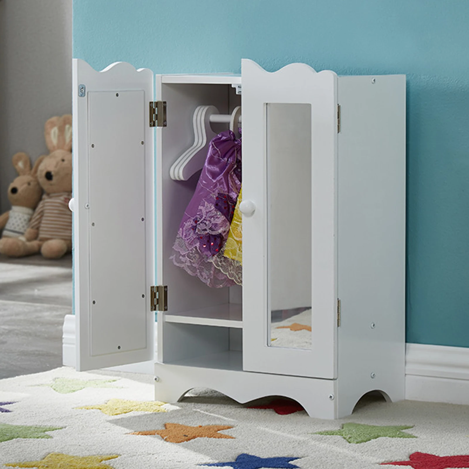 

Деревянный шкаф для кукол, мебель для кукол с зеркалом, 6 вешалок, 18-дюймовая мебель для хранения кукольной одежды, шкаф для детей