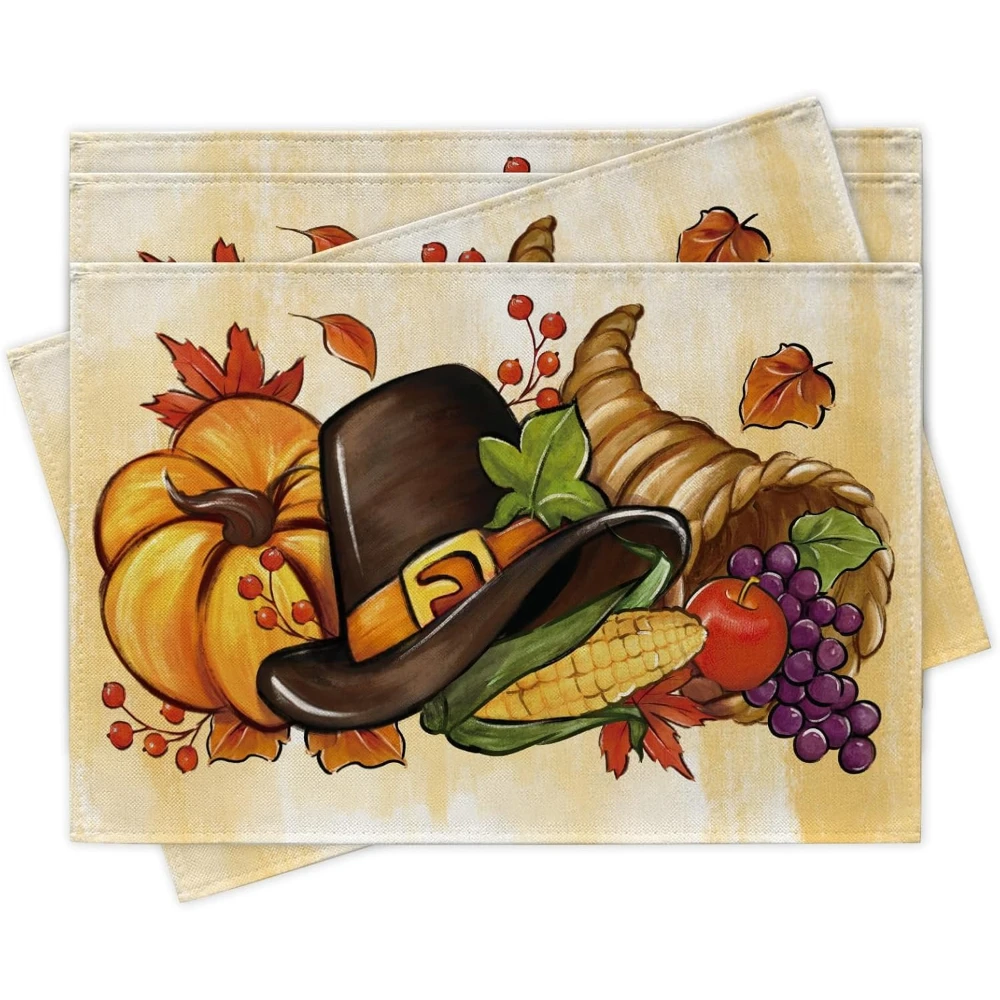 Thanksgiving Hat Pumpkin Placemats Set of 4, Fall Harvest Cornucopia Dining Place Mats Table Decor, Autumn Seasonal Corn