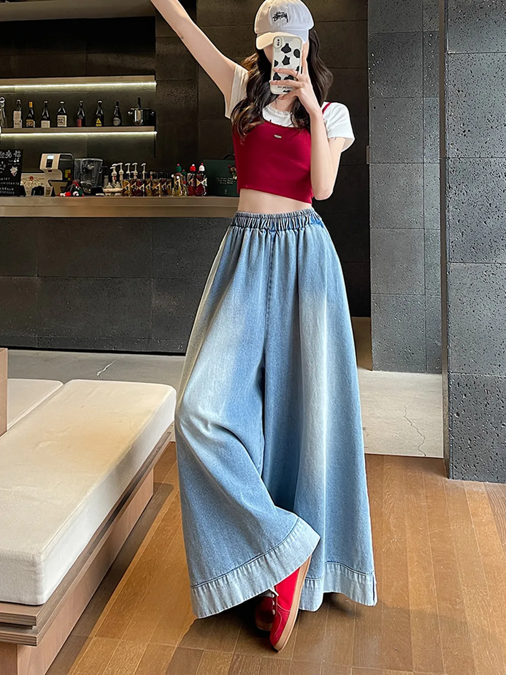 

Retro Wide Leg Blue Denim Pants Women's Spring Autumn Loose Drapey Floor-Length Slit Skirt Jeans Elastic Waist baggy jeans