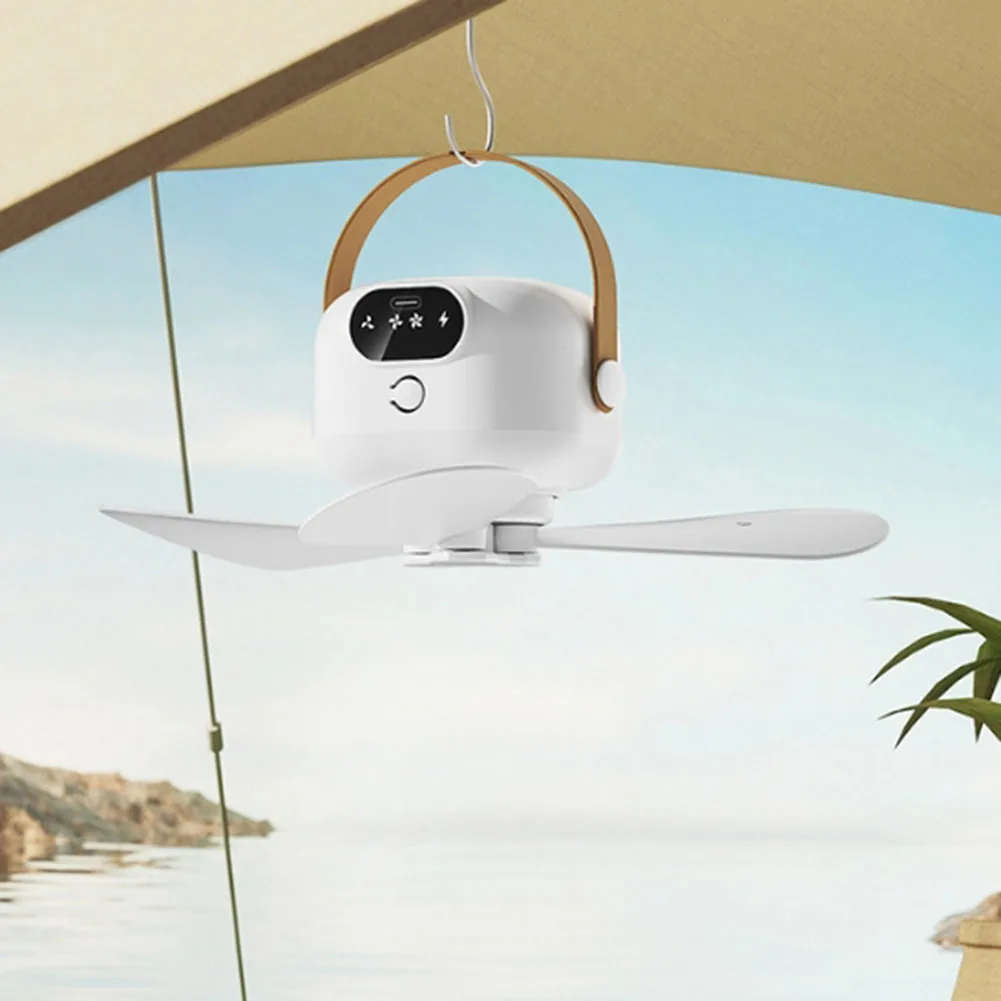 USB Rechargeable Portable Ceiling Fan with Remote for Camping RV Tent Applications 5V 2A Charging 3 Speed Settings Ambient Light