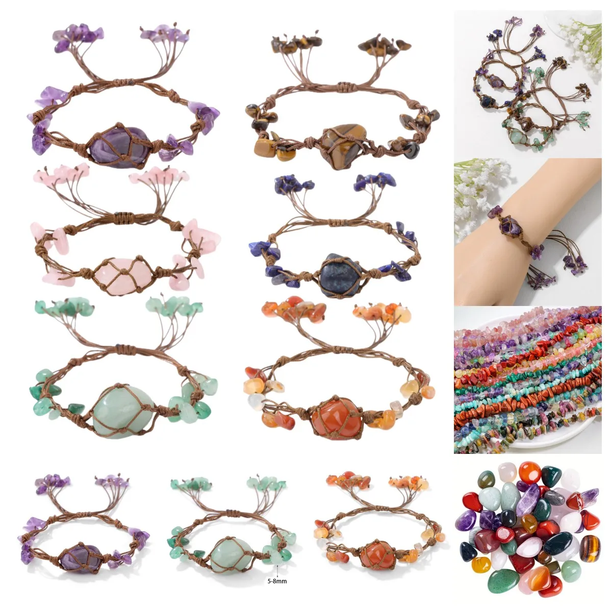 بوهو هبط الجمشت سوار للنساء الرجال قابل للتعديل اليدوية المنسوجة شبكة الخام رقاقة حجر الخرز الإسورة المجوهرات #2