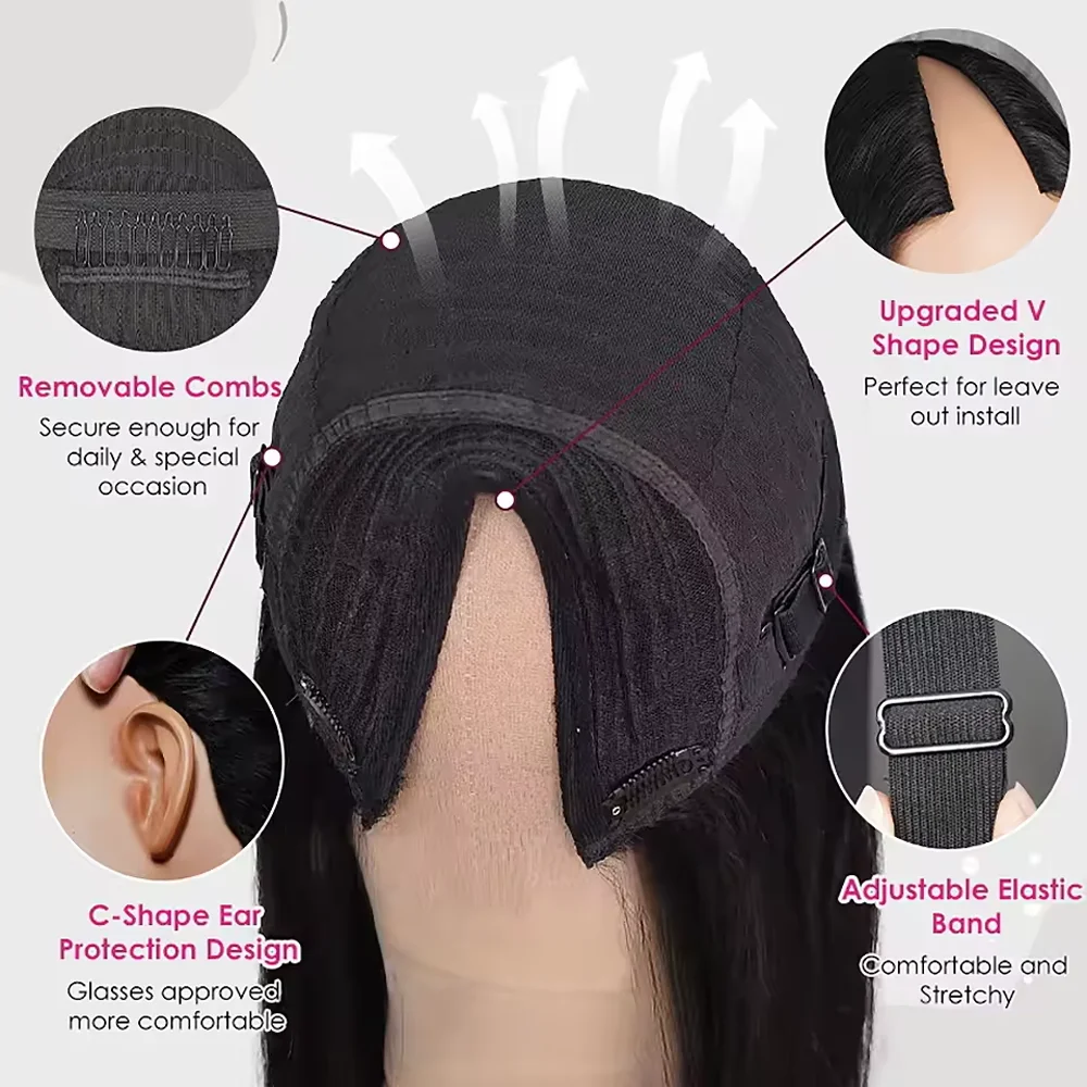 Peruca encaracolada com parte em v, longa onda de água, cabelo humano brasileiro, para mulheres negras, onda profunda, sem deixar para fora, cabeça cheia, clipe em perucas de cabelo