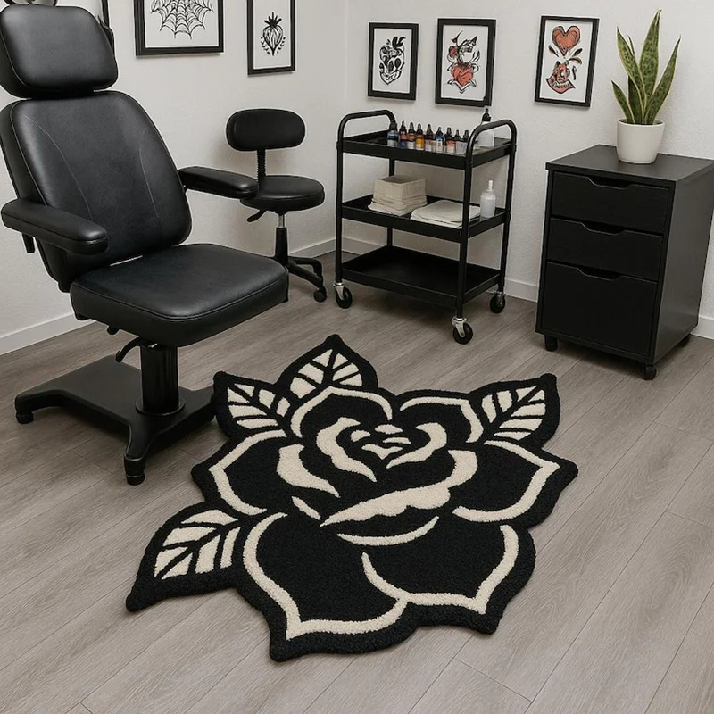 VIKAMA Black Rose Petal Pattern Rug Black and White Artwork Tattoo Studio Decor Personalised Comfortable Living Room Bedroom Mat