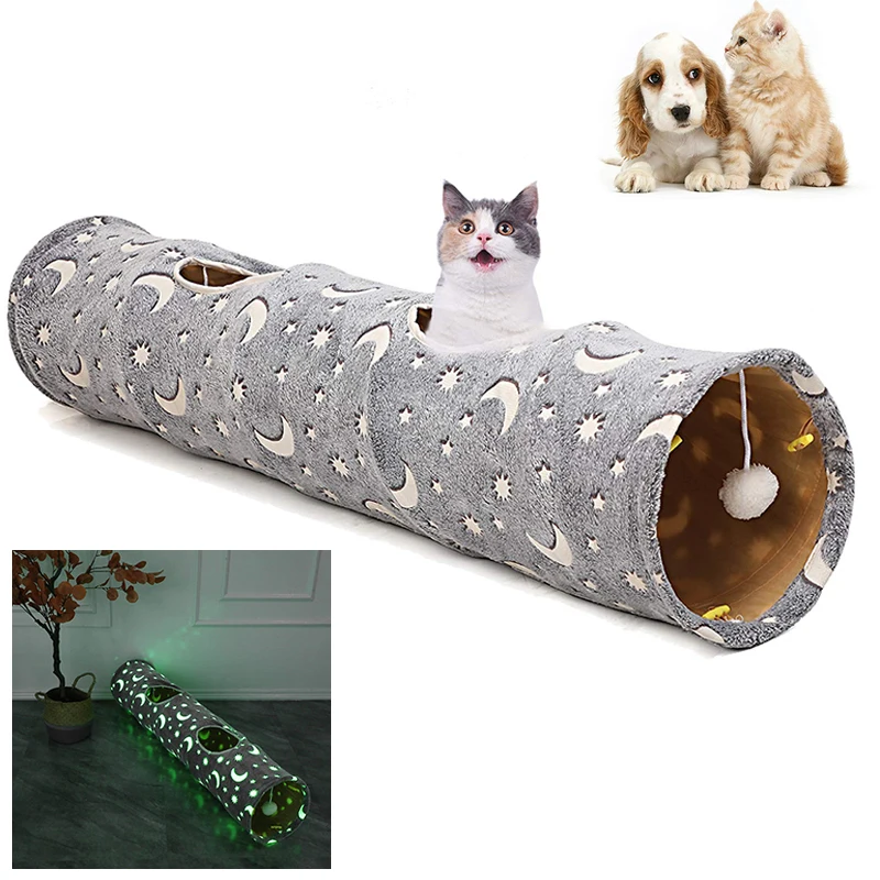 Indoor Cat Tunnel Tube with Plush Ball Toys Collapsible Self-Luminous for Small Animals Pets Rabbits, Kittens, Puppy