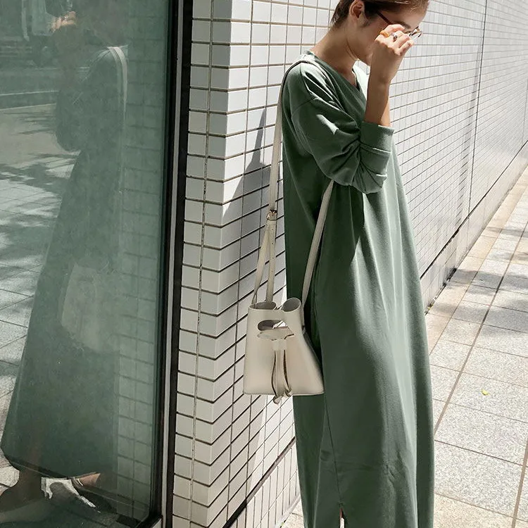 اليابان Rakuten الخريف الشتاء جديد المرأة فستان بفتحة عنق على شكل v فضفاض عادية مريحة الجانب جيب القطن فستان طويل رداء Vestido النساء