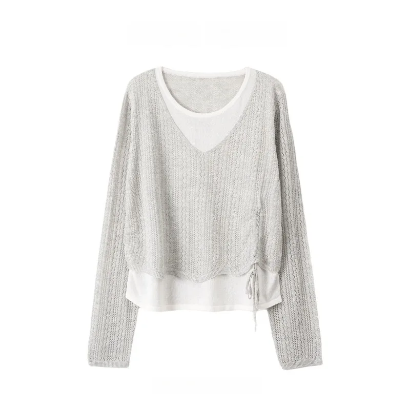 

Fake Two-piece Sweater for Women Autumn New Drawstring Contrast Color Versatile Long-sleeved Round Neck Casual Versatile Top