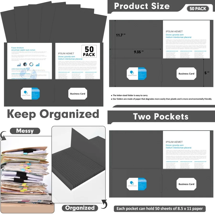 두 개의 포켓 폴더 PANDRI 50팩 레터 사이즈 종이 파일 폴더 학교 사무실 가정 비즈니스 조직용 내구성 있는 검정색