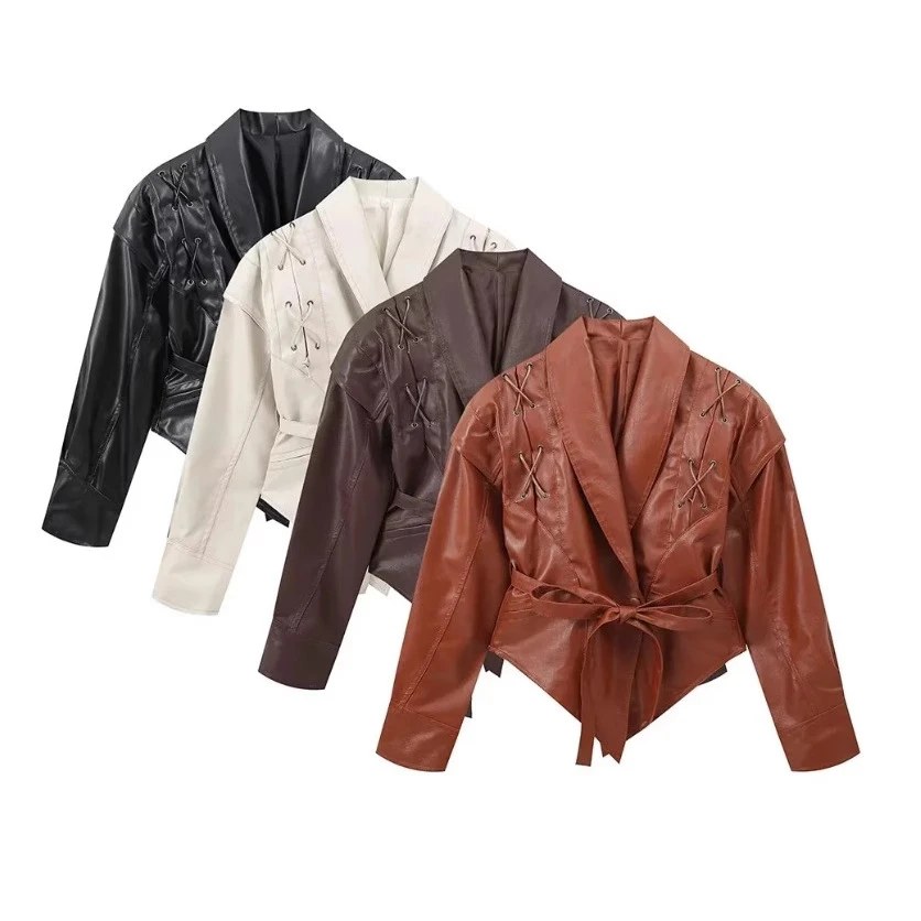 PUAL Women's Faux Leather Jacket 2025 New Lace-Up V-Neck Belted Short Coat Female Vintage Moto Biker Jackets Casual Outerwear
