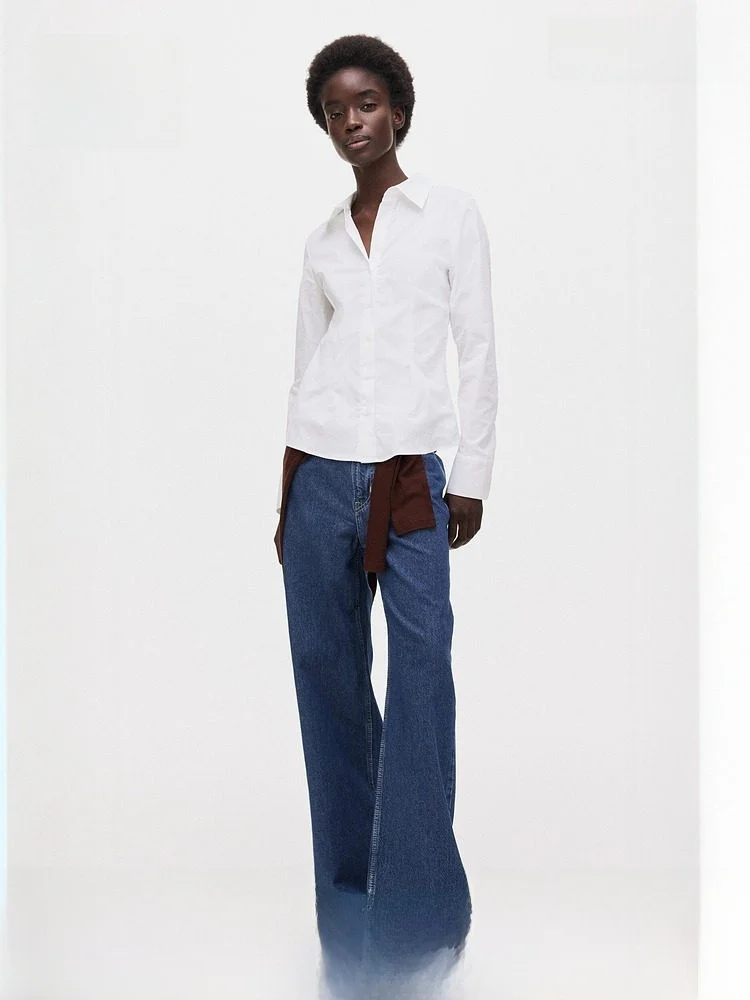 

H&M Новая весенняя женская приталенная рубашка в повседневном стиле с длинным рукавом на пуговицах из смесового хлопка с эластичной тканью 1322471