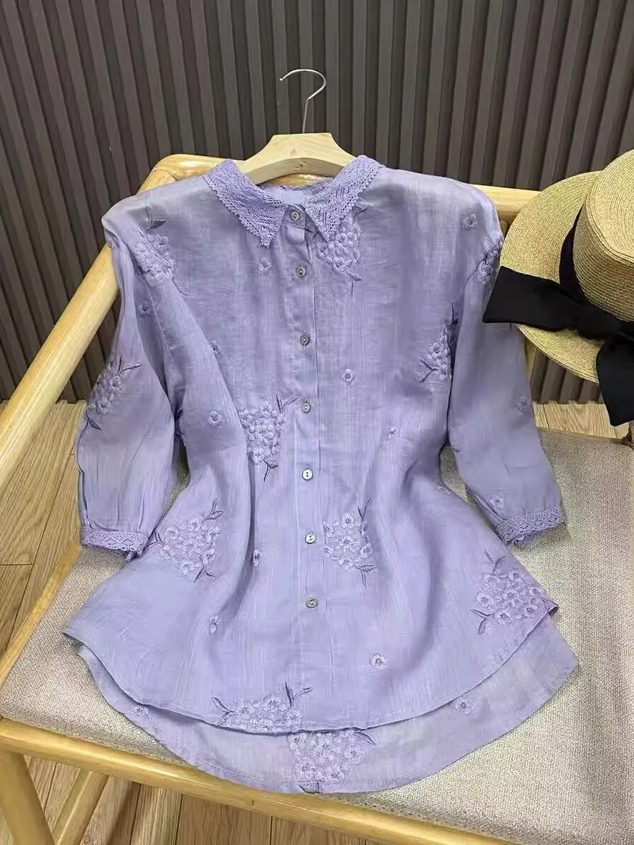 New Chinese Sle Heavy Embroidery Lace Trim Linen irt Women Summer Loose Collar Cotton Linen Open Cardigan Top