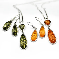 Vintage Accessories Imitation Amber Water Drop Necklace Earrings Geometric Sweater Chain Women's Fashion Classic Jewelry