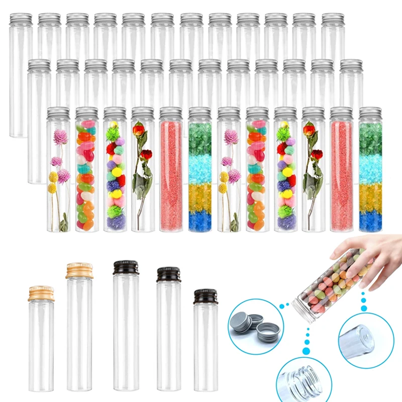 50pcs 50ml-110ml tragbare durchsichtige Plastik Reagenz gläser Flaschen DIY Dekor Flasche mit Schraub verschlüssen für Gewürze getrocknete Blumen Süßigkeiten Lagerung