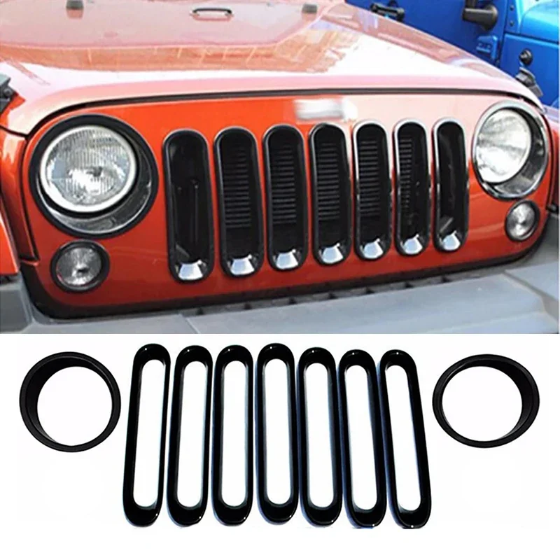 9pcs/Set Black Front Mesh Grille Trim+Headlight Insert Headlight Bezel Trim Cover for 2007-2018 Jeep Wrangler JK Car styling