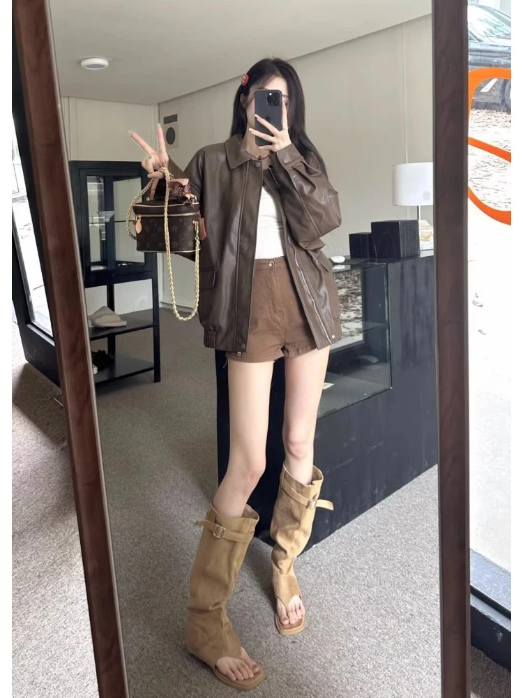 الرجعية الأمريكية براون الجلود Jaet المرأة فضفاضة طويلة Sve Bla بارد دراجة نارية بو الجلود أعلى الشارع Sle تخفيف الرياح