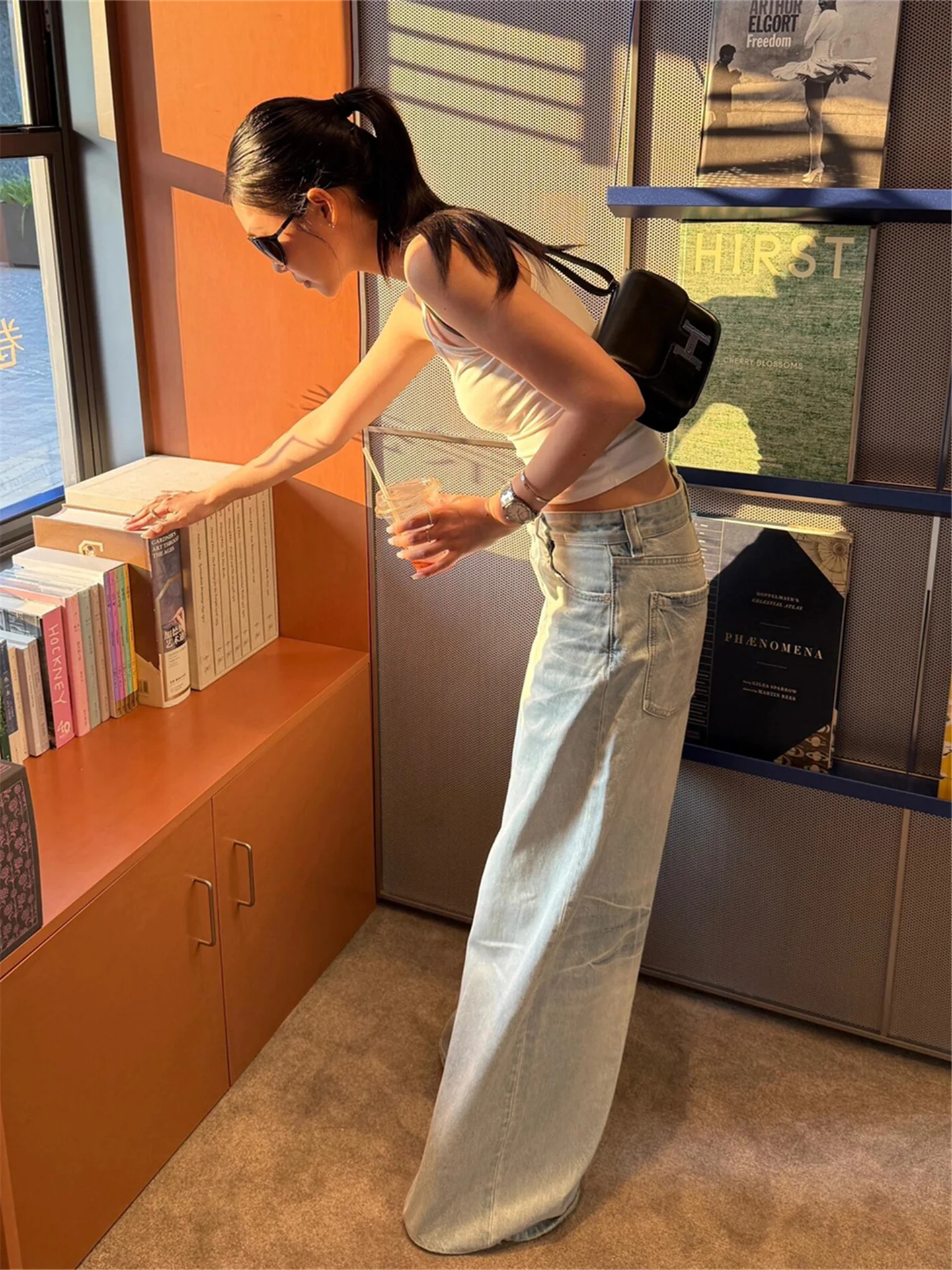 

Light Blue Loose Wide Leg mid Low Waist Jeans Women's Spring Casual Long Straight Legging Pants Taller Slimming Floor-Length