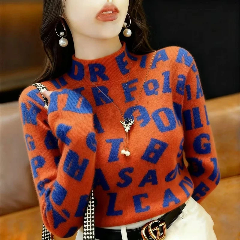 

Женская теплая бархатная футболка с высоким воротом и длинным рукавом с буквенным принтом, универсальный базовый слой, осенне-зимние топы