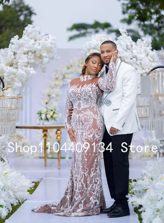 ヌードホワイトマーメイドアフリカビーチウェディングドレス長袖アップリケシアーネックレースアップガーデンブライダルドレスカスタムサイズ衣装