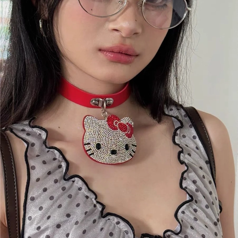 New Kawaii Hello Kitty Pendant Cute Millennial Girl Y2k Accessory Necklace Creative Full Diamond Pendant Belt Necklace