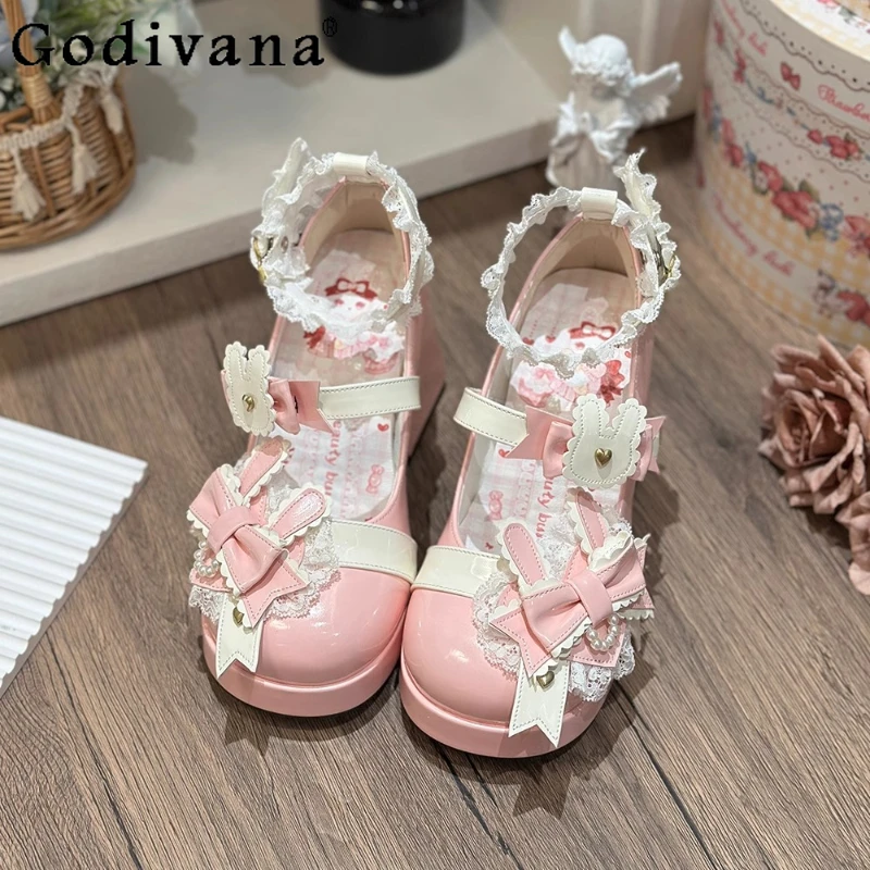 

Pink Lolita Mary Jane Shoes Loli Lo Cute Bow Rabbit Ears Y2k Mary Jane Shoes Sweet Princess Tea Party High Heels Platform Shoes